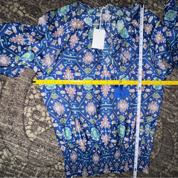 Ecru NWT Women’s S Cobalt Blue Weaver Kilim Silk Aztec Print Tassel Front Top - Picture 8 of 9